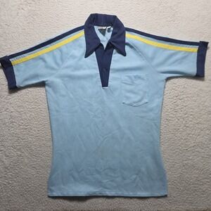 Vintage 70s 80s Spire California Mesh Polo Shirt Mens M Blue Yellow Stripe Retro
